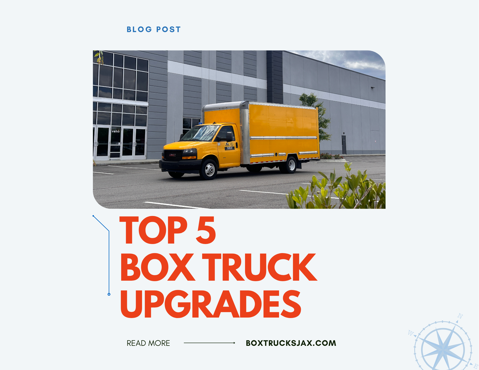 A bright yellow box truck is parked outside a modern gray building. The text reads "Top 5 Box Truck Upgrades" and includes a website link, "boxtrucksjax.com.