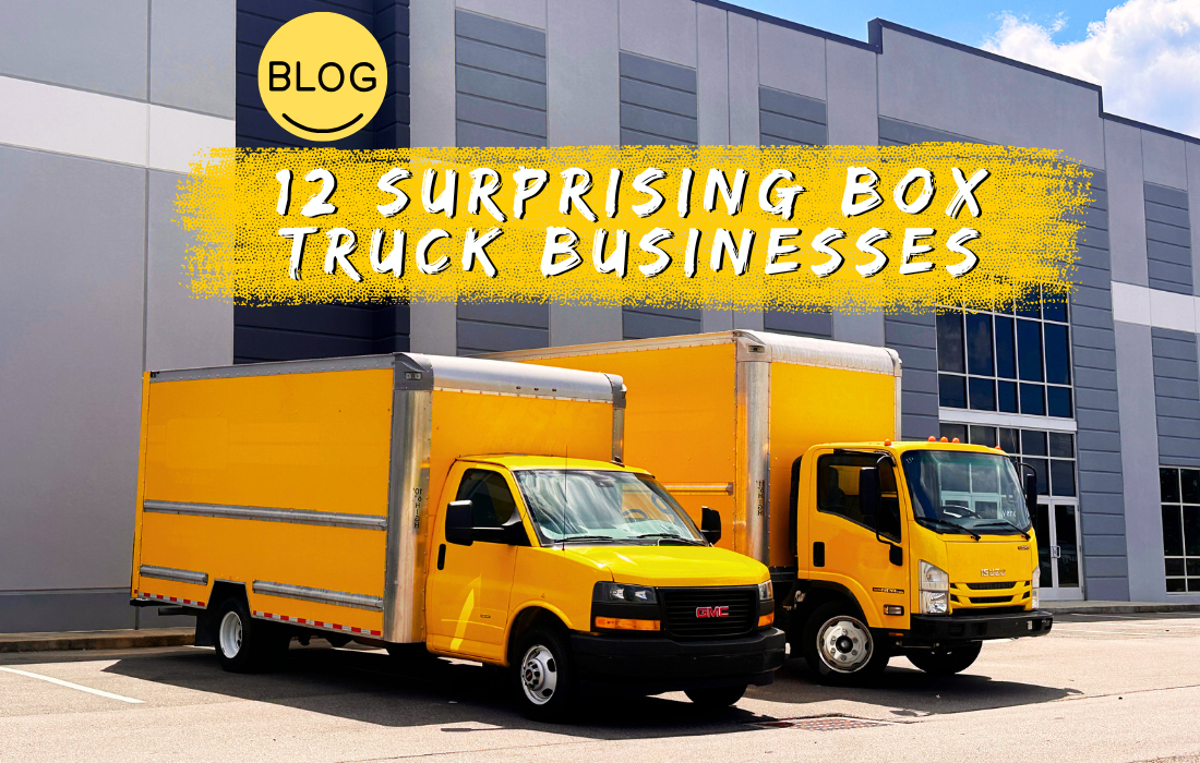 Two bright yellow box trucks are parked outside a modern industrial building under a blue sky. Text on the image reads “BLOG: 12 Surprising Box Truck Businesses” in bold, handwritten-style letters.